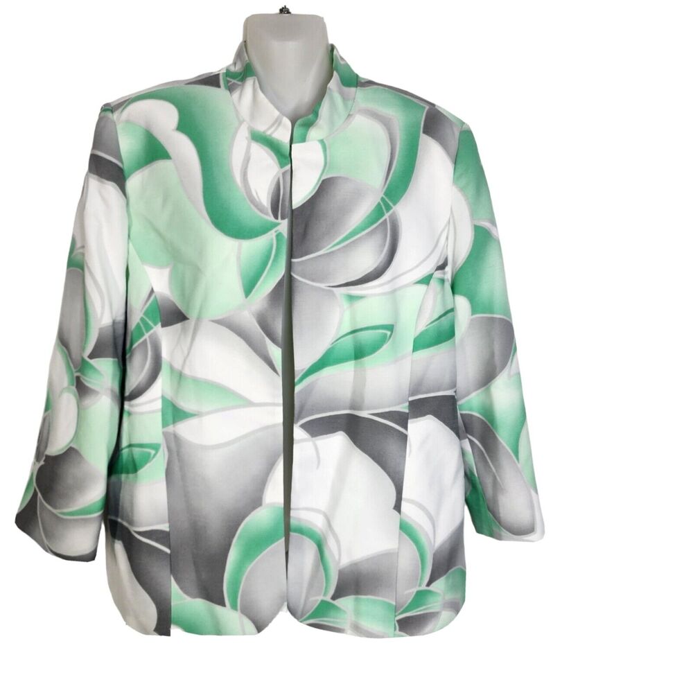 Alfred Dunner Womens Jacket Size 12 Abstract Blazer Green Gray Open Front Lined